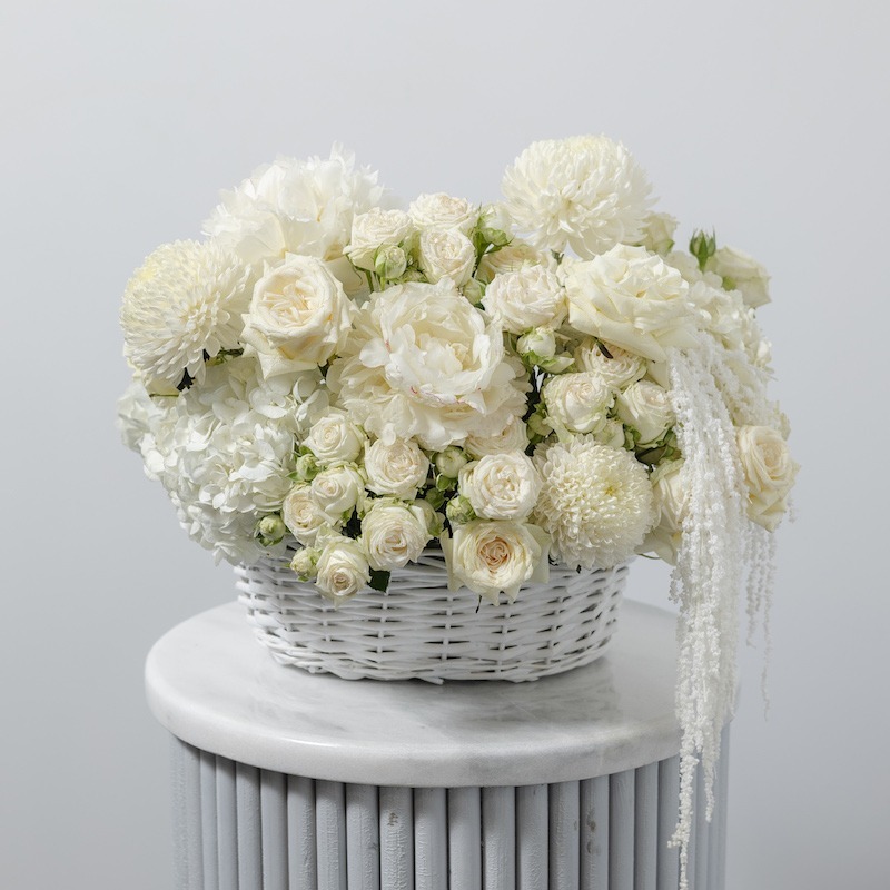 Bespoke white rose arrangement by Rose Art Flowers Dubai