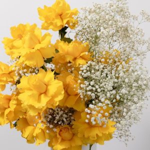 A full view of the luxury Armine Cloud rose box, highlighting the contrast between the yellow roses and white gypsophila.
