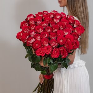 A stunning, full bunch of fresh, long-stemmed B-tween roses with dark pink and white bi-color petals, arranged against a clean background.