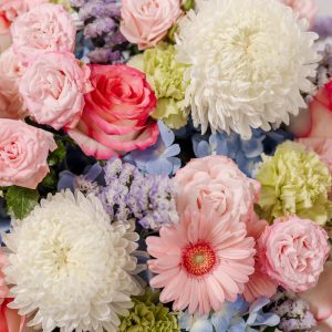 A top-down view of the Cotton Candy basket, highlighting its colorful mix of blooms.